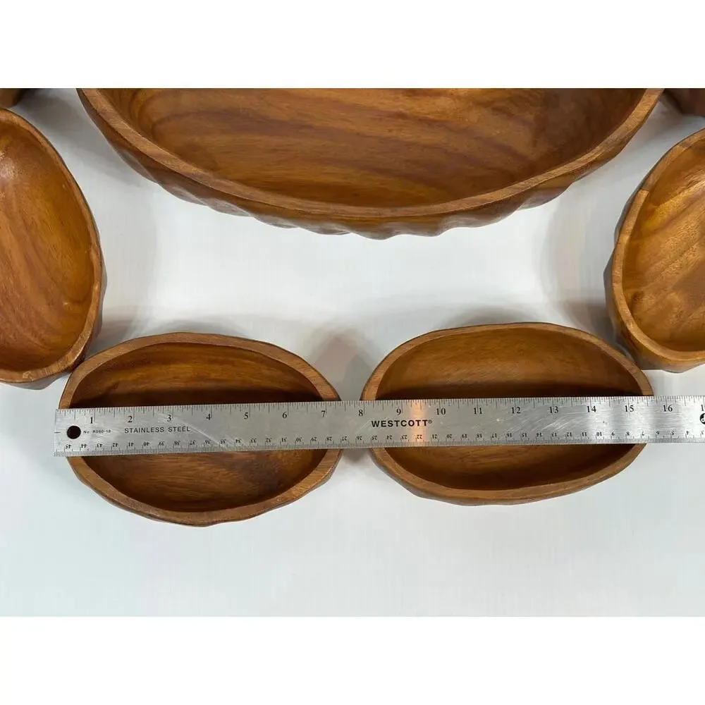 Vintage Wavy Oval Real Teak Wood Salad‎ Bowl Set Gorgeous Wood Grain 9 Niece